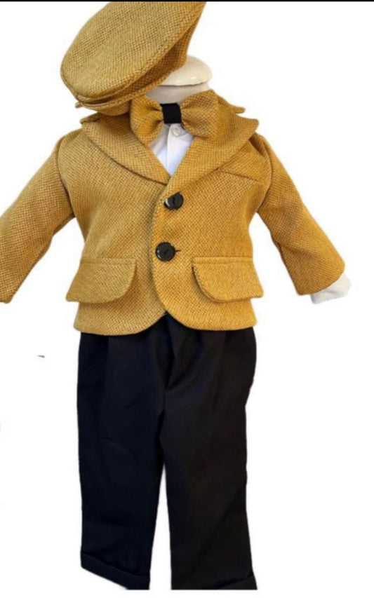 Costum Muștar pentru Botez, 6 Piese, Sacou, Pantaloni, Vesta, Camasa, Caciulita, Papion