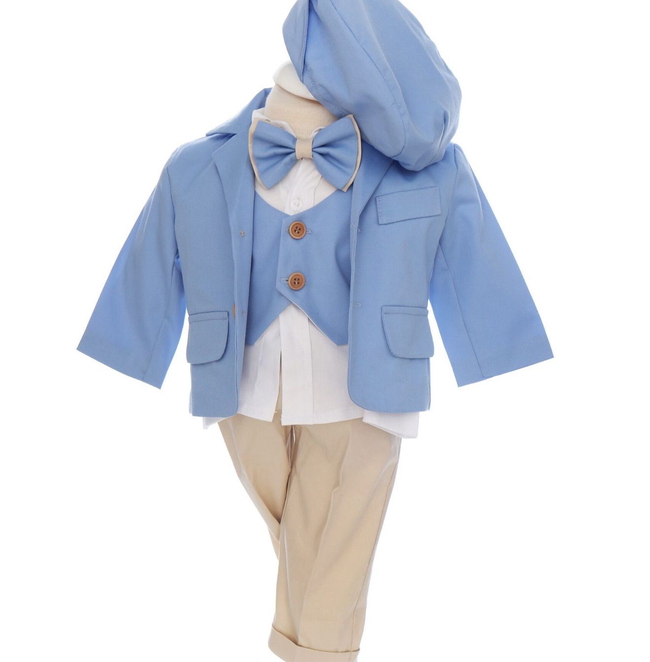 Costum Baby Blue pentru Botez, 6 Piese, Sacou, Pantaloni, Vesta, Camasa, Caciulita, Papion