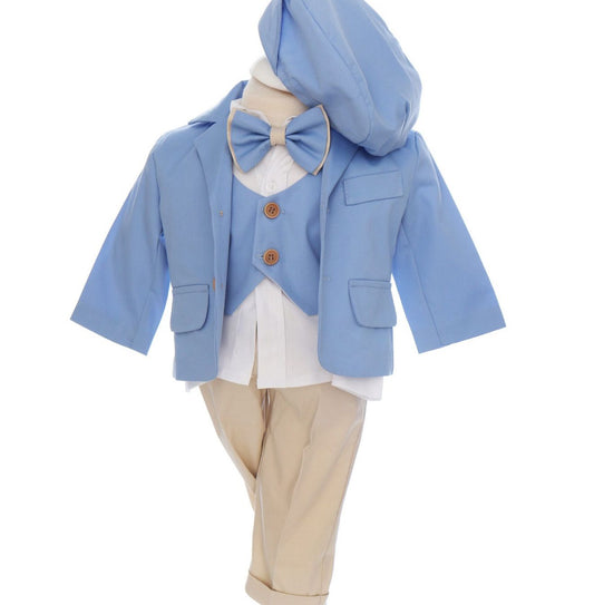 Costum Baby Blue pentru Botez, 6 Piese, Sacou, Pantaloni, Vesta, Camasa, Caciulita, Papion