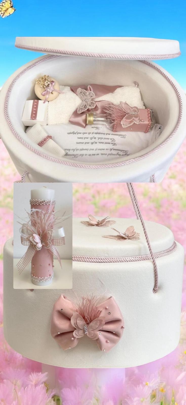 Trusou rotund catifea ivoire cu fluturi roz