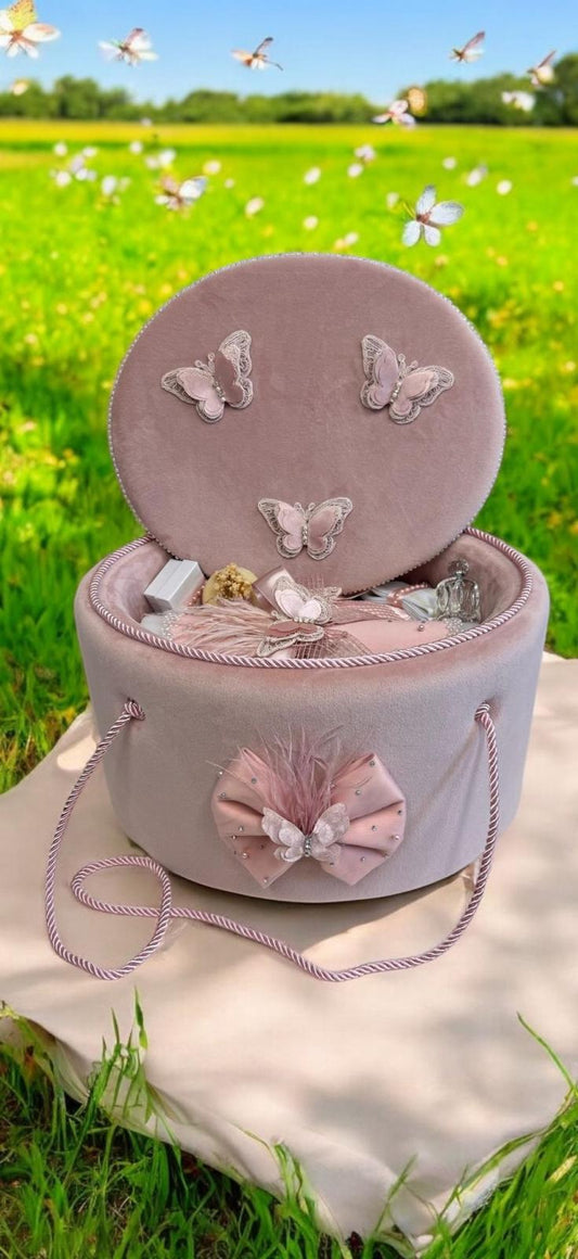 Trusou rotund catifea cu fluturi roz pudra
