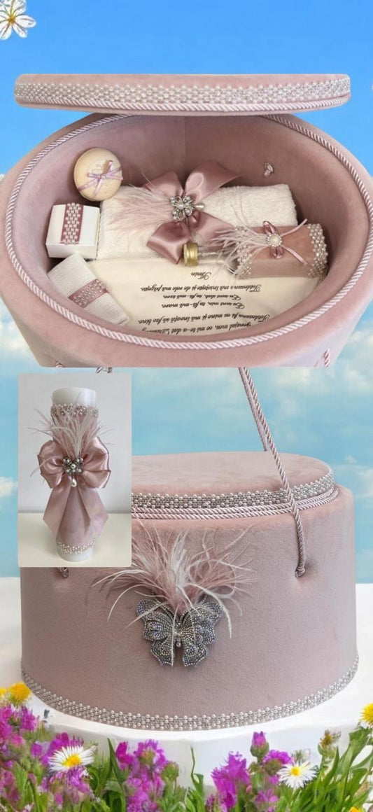 Trusou rotund catifea fluture roz pudra