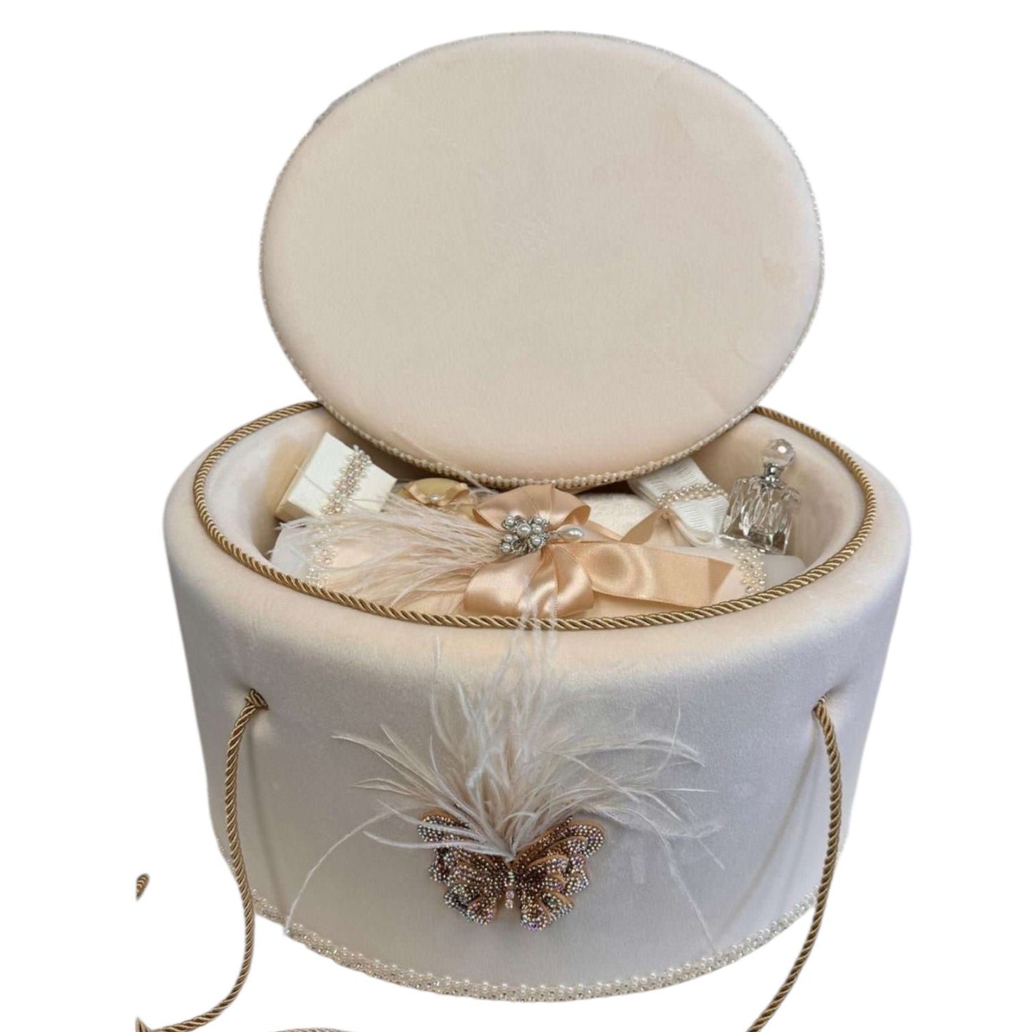 Trusou rotund catifea ivoire fluture cristal