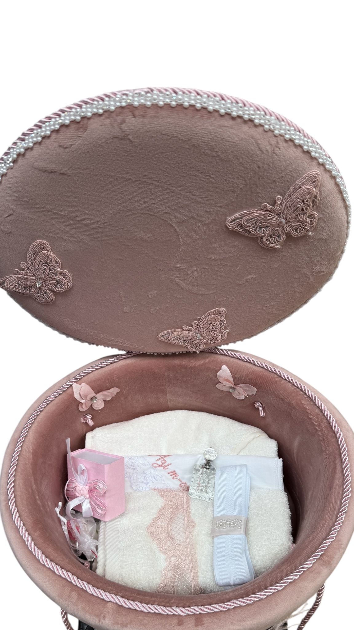 Trusou rotund catifea roz pudra fluture