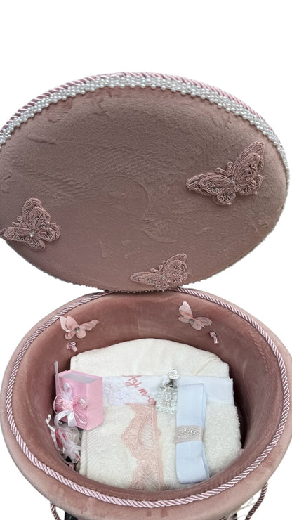 Trusou rotund catifea roz pudra fluture