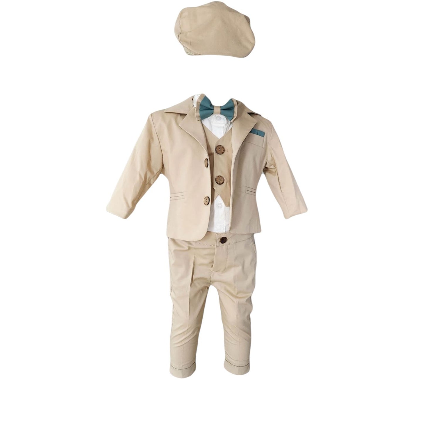 Costum crem cu papion turcoaz