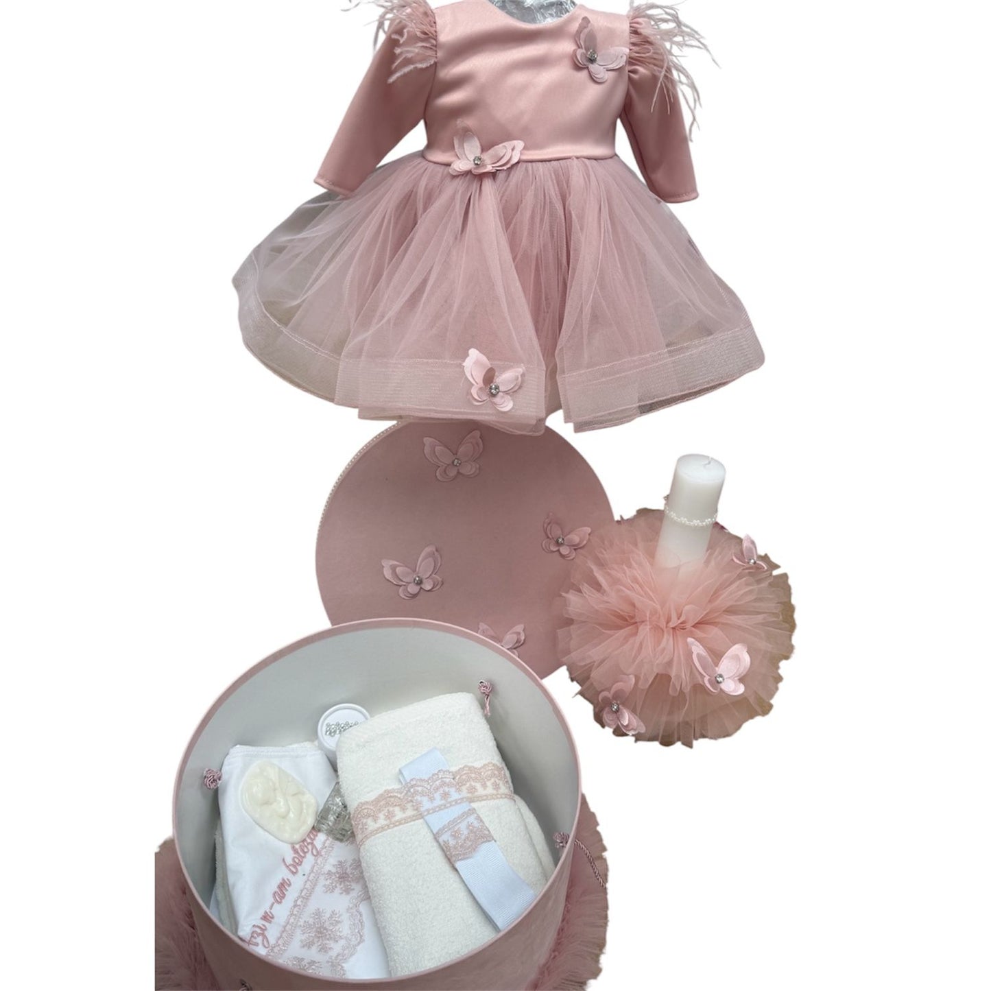 Set botez fetita roz pudra cu fluturi