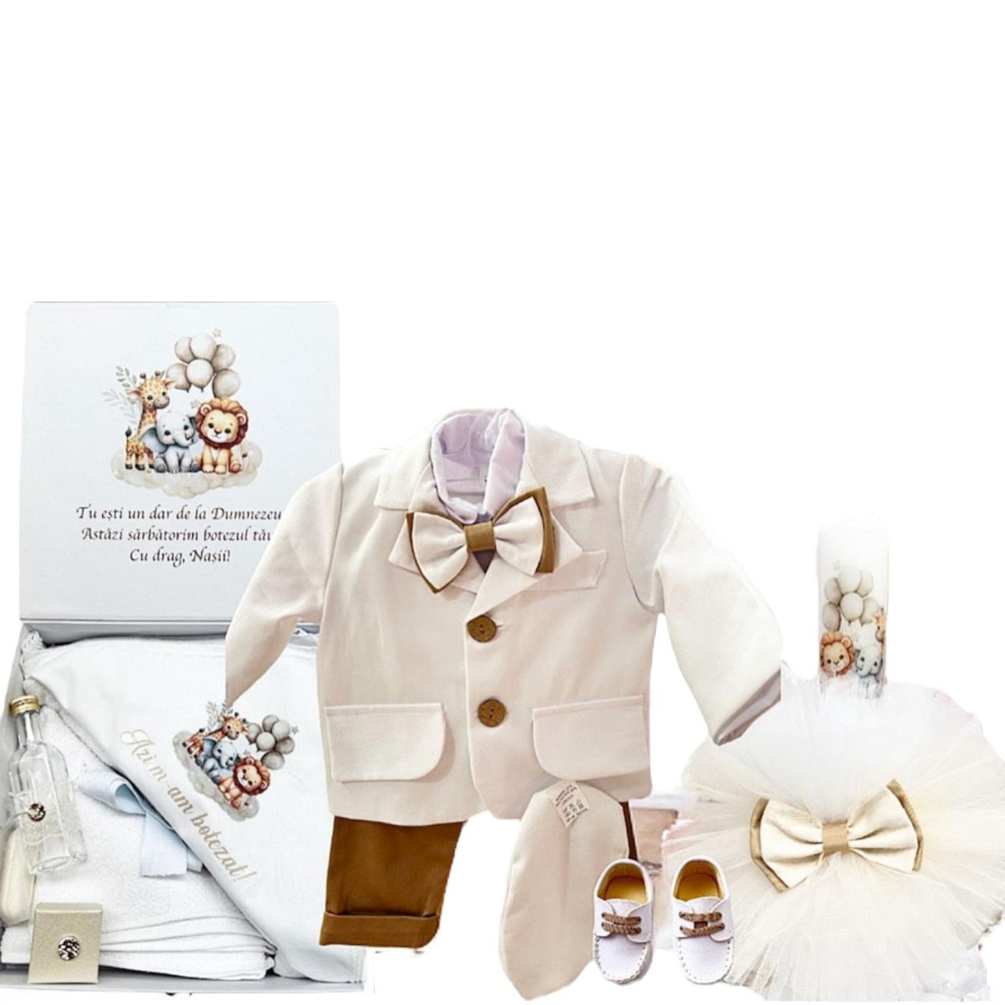 Set botez baietel crem cu pantaloni maro