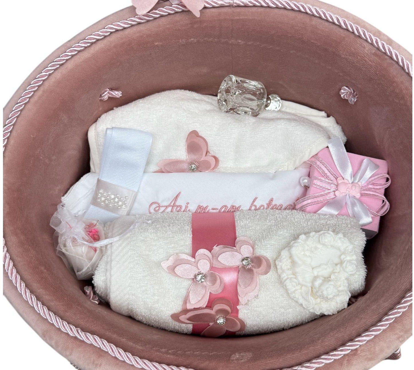 Set botez fetita roz pudra trusou catifea