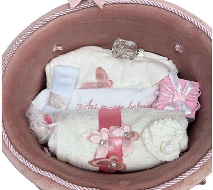 Set botez fetita roz pudra trusou catifea