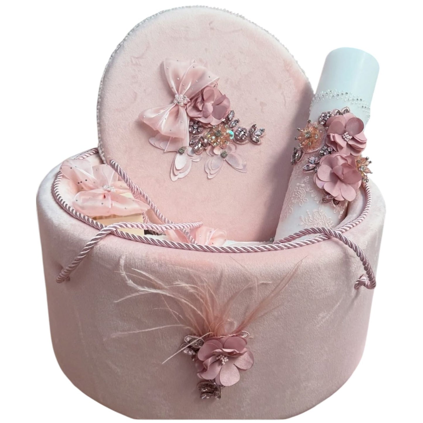 Trusou rotund catifea roz pudra funda si flori