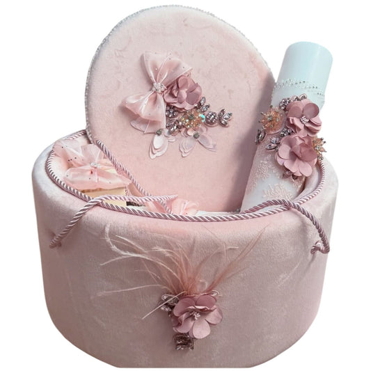 Trusou rotund catifea roz pudra funda si flori