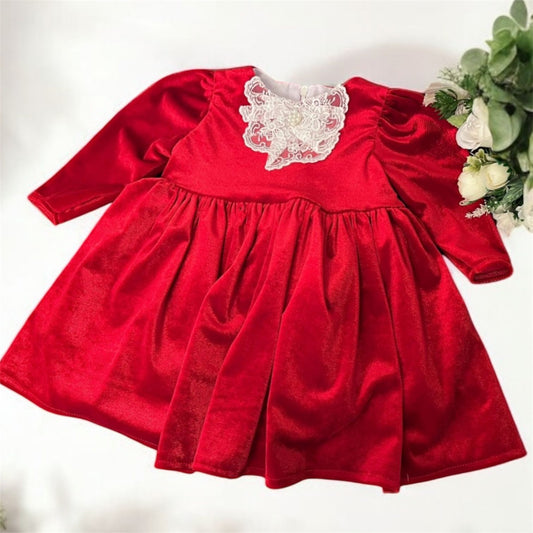 Rochita rosie din catifea cu dantela