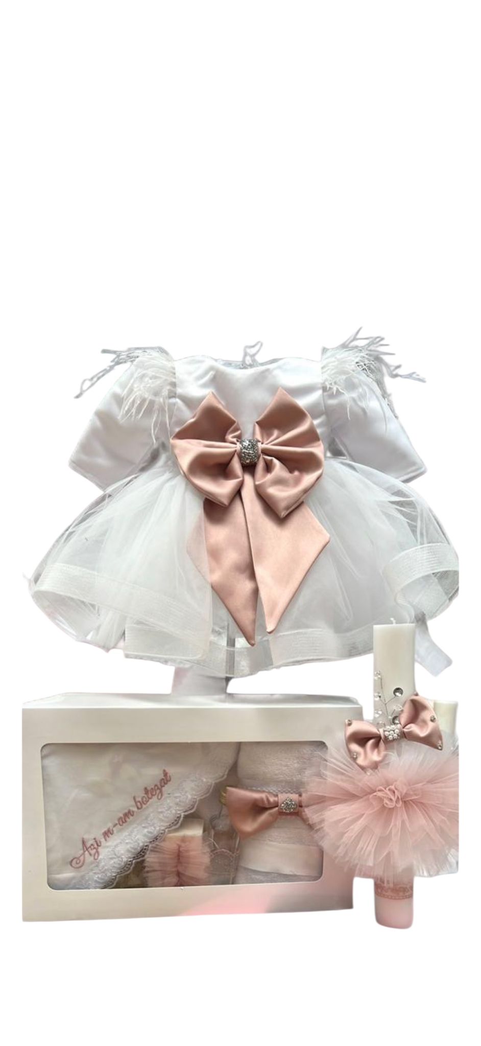 Set botez fetita alb cu roz pudra