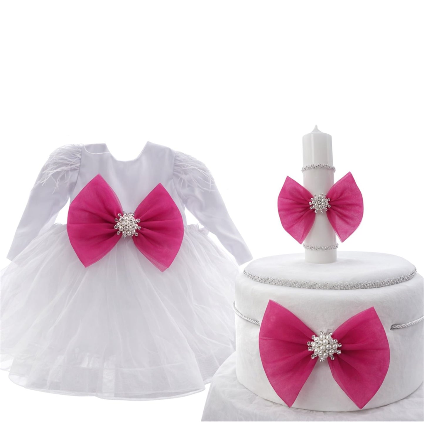 Set botez fata alb funda fuxia