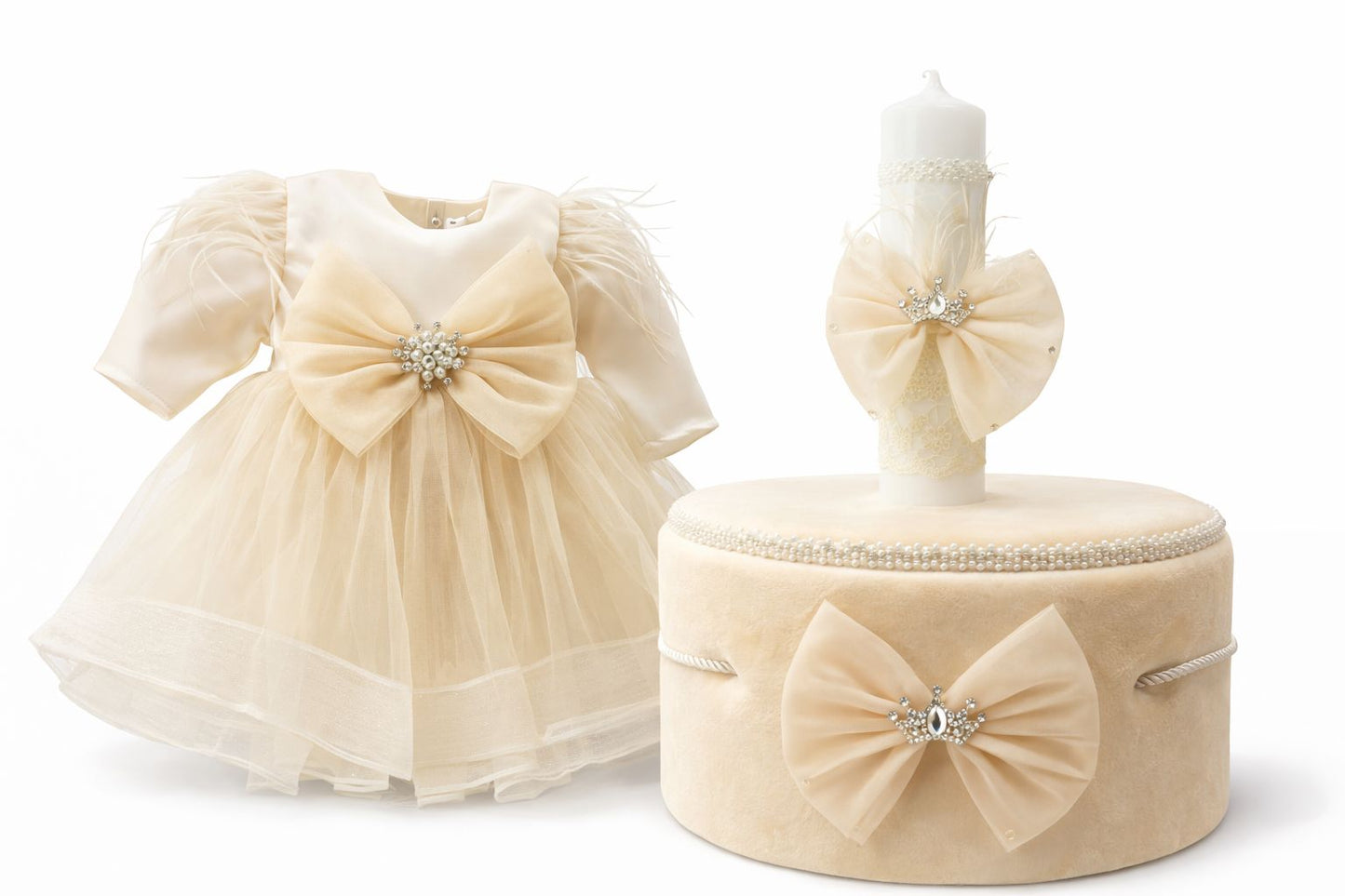 Set botez fata cu funda crem