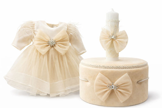 Set botez fata cu funda crem