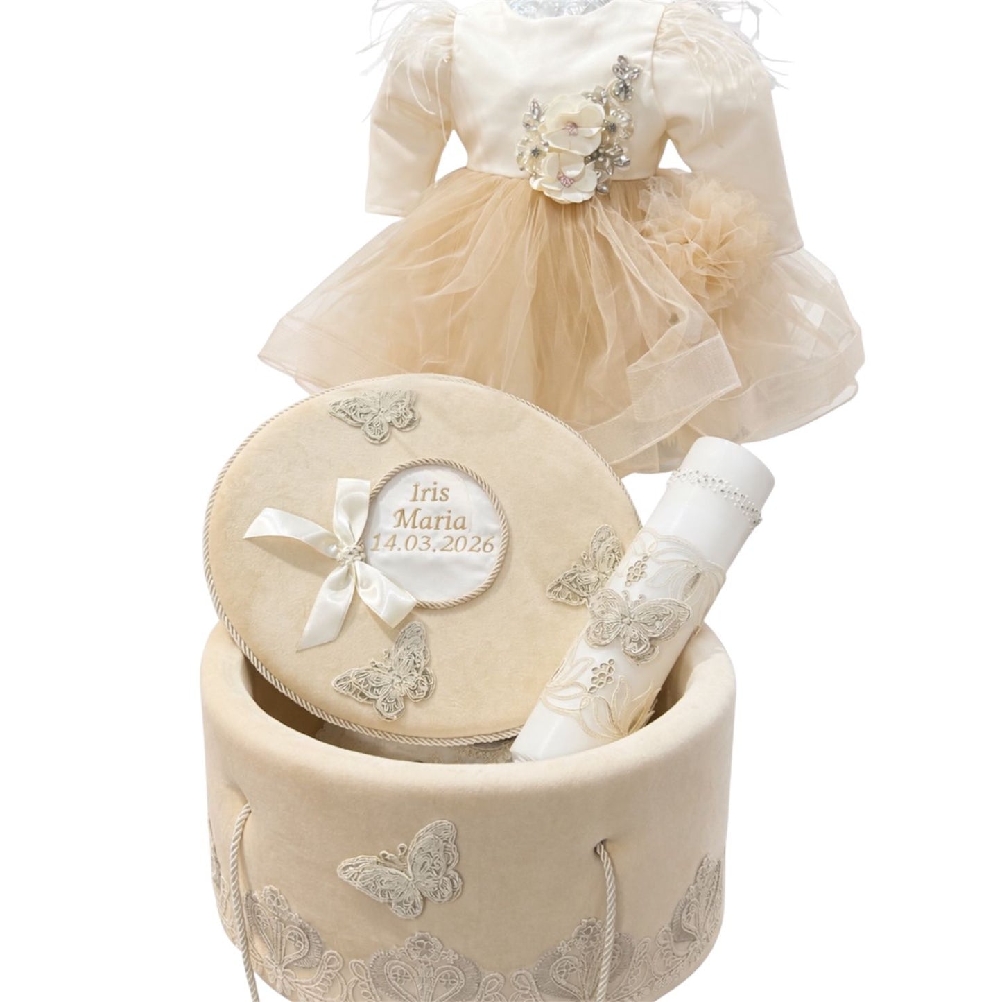 Set botez fetita crem fluturi si flori
