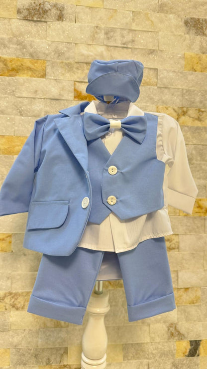 Costum Albastru pentru Botez, 6 Piese, Sacou, Pantaloni, Vesta, Camasa, Caciulita, Papion