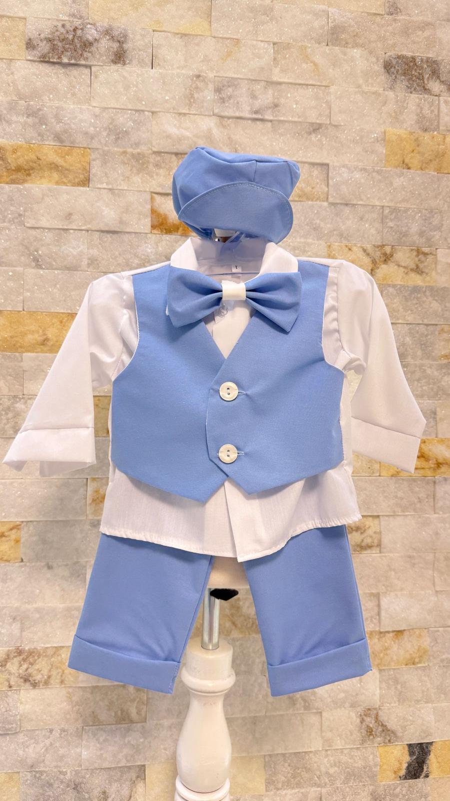 Costum Albastru pentru Botez, 6 Piese, Sacou, Pantaloni, Vesta, Camasa, Caciulita, Papion
