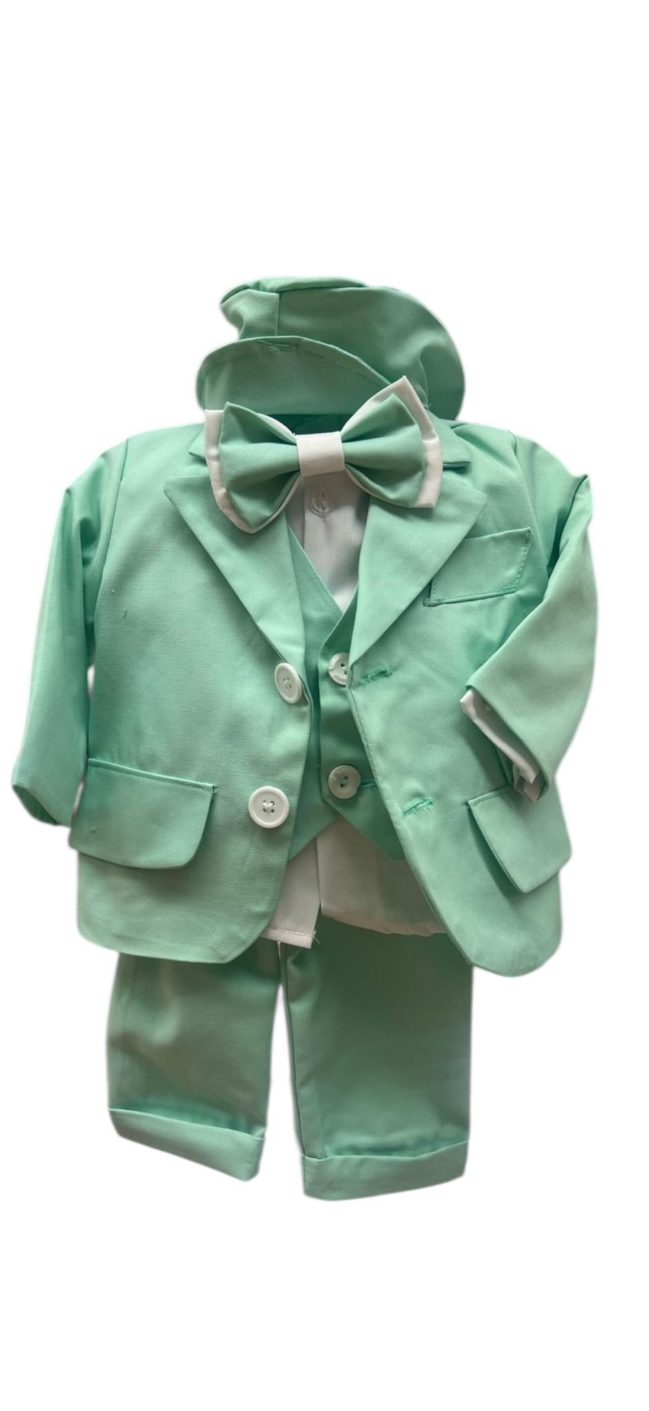 Costum Vernil pentru Botez, 6 Piese, Sacou, Pantaloni, Vesta, Camasa, Caciulita, Papion