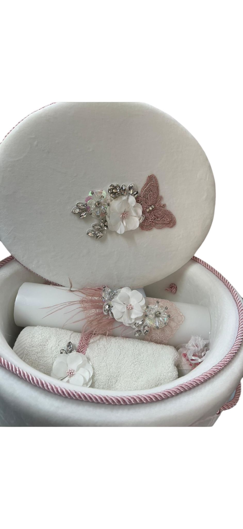 Trusou rotund catifea alb cu flori