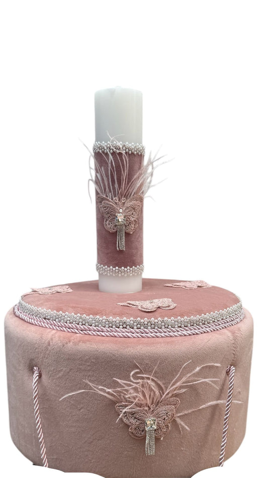 Trusou rotund catifea roz pudra fluture