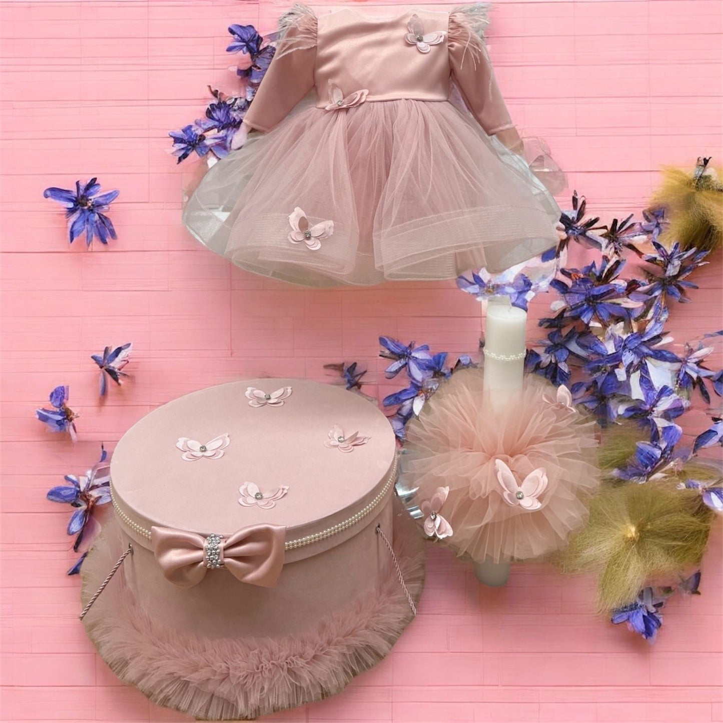 Set botez fetita roz pudra cu fluturi