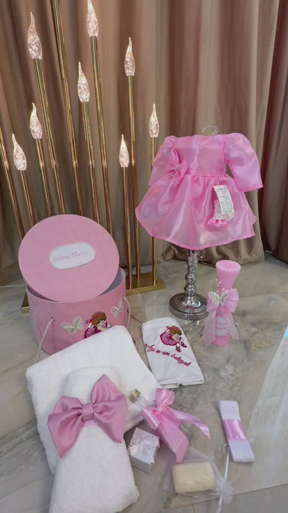 Set botez roz balerina   – Rochiță, lumânare și trusou
