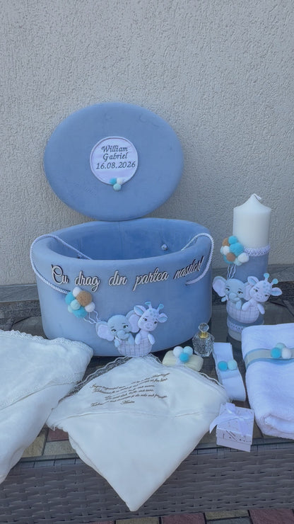 Set botez tematica Dior jungla  fetru baby blue-Trusou catifea + lumânare
