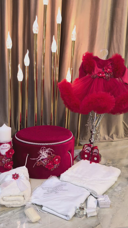 Set botez fetita rosu cu  floricele  -Trusou+ Cutie+ lumânare+ rochita