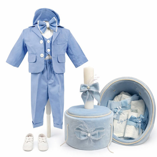Set botez baietel baby blue trusou catifea cu botosei